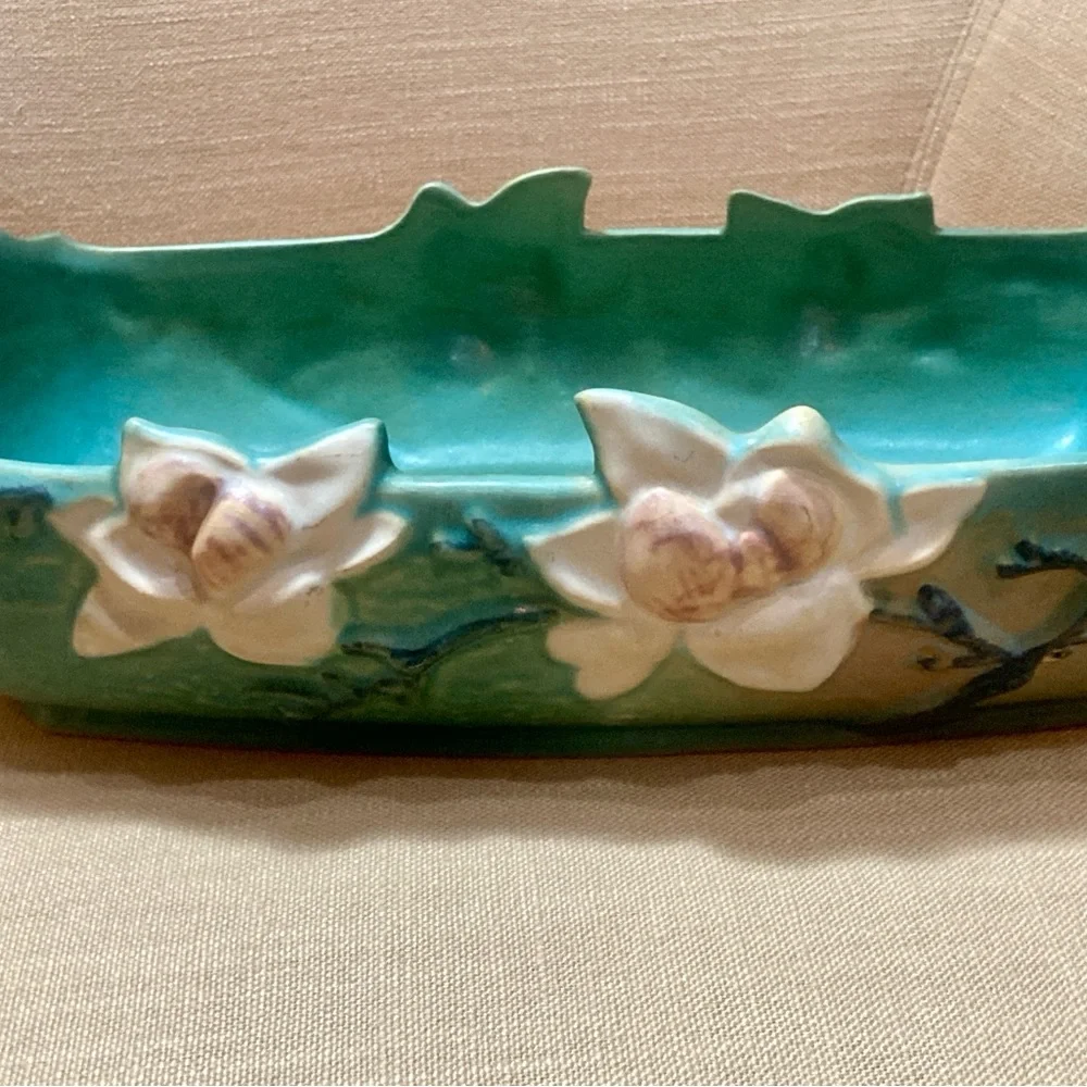 Vintage Art Console Roseville Magnolia Pottery. Handled rectangular Green/Pink. - Picture 6 of 12